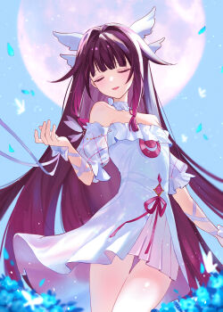 1girl absurdres bare_shoulders blue_petals closed_eyes collarbone columbina_(genshin_impact) commentary_request dress falling_petals feathered_wings full_moon genshin_impact head_wings highres long_hair moon open_mouth petals pink_hair ribbon smile solo ssamsa0404 very_long_hair white_dress white_ribbon wings wrist_ribbon
