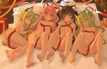 4girls :d absurdres ahoge animal_ear_fluff animal_ears barefoot black_hair blue_archive blue_eyes blush breasts butterfly_hair_ornament cat_ears christmas christmas_present closed_mouth collarbone commentary_request double_bun fang feet gift green_hair green_halo grey_eyes grey_halo hair_bun hair_flaps hair_ornament halo heterochromia highres hikari_(blue_archive) hoshino_(blue_archive) kisaki_(blue_archive) loli long_hair looking_at_viewer lying multiple_girls naked_ribbon navel nozomi_(blue_archive) on_back on_side open_mouth paid_reward_available pink_hair pink_halo pointy_ears ribbon skin_fang small_breasts smile soles toes toki913710 twintails variant_set yellow_eyes