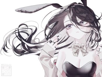 1girl absurdres animal_ear_hairband animal_ears arms_up barbell_piercing bare_shoulders black_hair black_leotard black_nails blush bow bowtie breasts cleavage collar colored_inner_hair detached_collar ear_piercing ening_xoxo fake_animal_ears floating_hair grey_eyes hair_between_eyes hairband highres industrial_piercing jacket jacket_partially_removed jewelry leotard long_hair looking_to_the_side medium_breasts multicolored_hair multicolored_jacket multiple_rings open_clothes open_jacket original piercing plaid_bow plaid_bowtie plaid_clothes playboy_bunny rabbit_ear_hairband rabbit_ears ring solo strapless strapless_leotard two-sided_fabric two-sided_jacket two-tone_hair two-tone_jacket upper_body white_background white_collar white_hair white_jacket