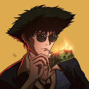 1boy a_better_tomorrow absurdres banknote battywanderer black_necktie blue_hair blue_suit cigarette commentary cowboy_bebop dollar_bill fire formal_clothes highres holding holding_money male_focus money necktie parody shirt short_hair smoking solo spike_spiegel suit sunglasses yellow_background yellow_shirt