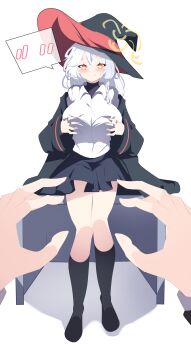 absurdres amebrew ankle_socks blue_archive bow bowtie braid breasts eri_(blue_archive) grabbing_own_breast halo hat highres jacket jewelry long_coat long_hair orange_eyes ring shirt shoes sitting sitting_on_table skirt socks speech_bubble sweater table white_hair witch_hat