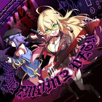 2girls :d ahoge album_cover black-framed_eyewear black_boots black_choker black_thighhighs boots bra braid breasts brown_jacket choker cleavage cover earrings electric_guitar fold-over_boots full_body game_cg gradient_hair green_eyes guitar highres holding holding_microphone instrument iris_(stella_sora) jacket jewelry large_breasts long_hair looking_at_viewer low_twin_braids medium_hair microphone microskirt multicolored_hair multiple_girls necklace_between_breasts non-web_source noya_(stella_sora) off_shoulder official_alternate_costume official_art open_mouth pink_hair purple_hair sidelocks single_earring skirt smile speaker stella_sora string_bra studded_choker sunglasses thighhighs tinted_eyewear torn_clothes torn_thighhighs twin_braids underwear v-shaped_eyebrows very_long_hair white_skirt yellow-tinted_eyewear yellow_bra