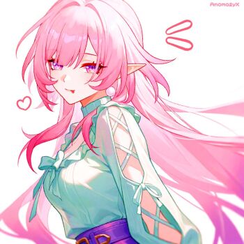 1girl alternate_costume anomalyxann artist_name breasts cleavage commentary_request cyrene_(honkai:_star_rail) cyrene_(ripples_of_past_reverie)_(honkai:_star_rail) diamond-shaped_pupils diamond_(shape) earrings heart honkai:_star_rail honkai_(series) jewelry long_hair looking_at_viewer medium_breasts pink_hair pointy_ears purple_eyes shirt simple_background solo symbol-shaped_pupils upper_body very_long_hair white_background white_shirt