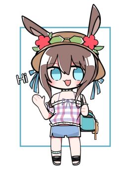 amiya_(arknights) amiya_(summer)_(arknights) animal_ears aqua_bag aqua_eyes arknights bag blue_shorts brown_hair chibi chibi_only english_text full_body hand_up hat holding holding_bag open_mouth pink_shirt rabbit_ears rabbit_girl shirt shorts simple_background smile standing straw_hat white_background xijian