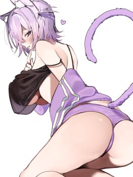 1girl animal_ears ass black_camisole blush breasts camisole cat_ears cat_girl cat_tail commentary crop_top crop_top_overhang from_side hair_between_eyes highres hololive jacket kneeling large_breasts looking_at_viewer messy_hair nekomata_okayu nekomata_okayu_(membership) no_bra off_shoulder official_alternate_costume official_alternate_hairstyle panties poge_dayo purple_eyes purple_hair purple_jacket purple_panties purple_tail see-through_camisole see-through_clothes see-through_silhouette short_hair simple_background solo spaghetti_strap strap_slip tail track_jacket two_side_up underboob underwear virtual_youtuber white_background