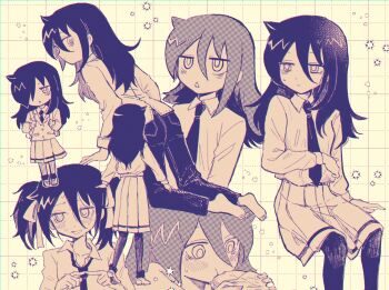 1girl averting_eyes backpack bag bags_under_eyes barefoot blush bread chestnut_mouth chibi collared_shirt commentary_request dotted_line eating fidgeting food from_behind grid_background hair_between_eyes hair_over_one_eye hair_ribbon holding holding_food holding_strap index_fingers_together invisible_chair kuroki_tomoko long_hair long_skirt long_sleeves looking_at_viewer looking_back looking_down looking_to_the_side monochrome multiple_views necktie nervous nuka_(nukamochi) official_alternate_hairstyle one_eye_covered open_mouth pants pantyhose parted_lips pleated_skirt ribbon school_bag school_uniform shirt shirt_tucked_in shoes sitting skirt standing sweatdrop tears toes twintails untucked_shirt watashi_ga_motenai_no_wa_dou_kangaetemo_omaera_ga_warui!