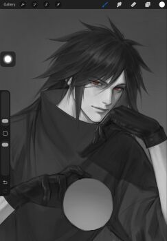 1boy art_program_in_frame black_hair greyscale highres lips long_hair looking_at_viewer male_focus mature_male mdun1028 monochrome naruto_(series) naruto_shippuuden procreate_(medium) procreate_(software) red_eyes sharingan smile solo spot_color uchiha_madara unfinished upper_body