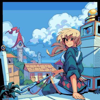 1girl apron aqua_shirt aqua_skirt banister black_border black_eyes blue_sky border building bush closed_mouth cloud commentary english_commentary facing_away flag fleur-de-lis forest hand_on_ground highres holding_sewing_needle istarling long_hair looking_at_viewer looking_back microsoft_paint_(medium) nature ocean original outdoors outside_border oversized_object planter ponytail shirt sitting sitting_on_stairs skirt sky solo stairs stone_stairs thread tower town white_apron