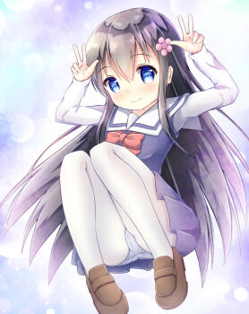 absurdres black_hair blue_eyes blush bow bubble closed_mouth double_v dress flower hair_flower hair_ornament highres loafers long_hair panties panties_under_leggings pantyhose pink_flower pleated_skirt red_bow riito_(shannon95) sailor_collar school_uniform shirosaki_hana shirt shoes skirt smile solo sun underwear v very_long_hair watashi_ni_tenshi_ga_maiorita! white_pantyhose white_sailor_collar white_shirt