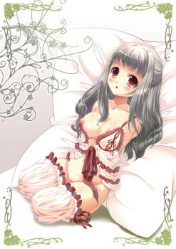 1girl amputee babydoll blush breasts female_focus frills long_hair nipple_slip nipples no_panties pillow pussy quadruple_amputee red_eyes shuuko silver_hair solo sweat thighhighs uncensored