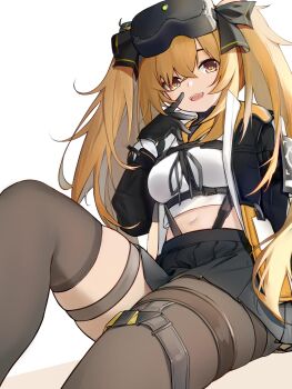 1girl absurdres arm_at_side black_gloves black_jacket black_ribbon black_skirt brown_eyes cropped_jacket cropped_shirt eyelashes finger_to_mouth girls'_frontline girls'_frontline_2:_exilium gloves hair_between_eyes hair_ribbon heads-up_display highres jacket kotoha_(kotoha65) lenna_(girls'_frontline_2) long_hair looking_at_viewer midriff navel open_mouth pleated_skirt ribbon single_leg_pantyhose single_thighhigh sitting skirt solo teeth thigh_strap thighhighs ump9_(girls'_frontline) upper_teeth_only user_interface white_background