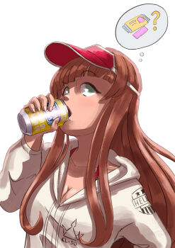 absurdres blunt_bangs breasts brown_hair can candy candy_bar cleavage drink_can drinking food green_eyes helena_(kancolle) helena_(swimsuit)_(kancolle) highres jacket kantai_collection long_hair one-hour_drawing_challenge ron_(pixiv83091338) speech_bubble thought_bubble upper_body white_jacket