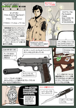 Rule 34 | 1boy, aiming, aiming at viewer, coat, colt's manufacturing company, english text, gun, handgun, japanese text, knife, looking at viewer, m1911, muta koji, pistol, story time (muta koji), suppressor, suppressor focus, suppressor name, suppressor profile, tony arzenta, tony arzenta (film), translation request, trench coat, watch, weapon, weapon focus, weapon name, weapon profile