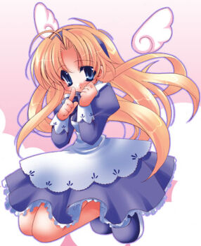 Rule 34 | 1girl, alice (alicesoft), alice soft, apron, bad id, blonde hair, blue dress, blue eyes, blue hairband, blue shoes, detached wings, dress, full body, hairband, hands up, index finger raised, long hair, looking at viewer, lowres, minazuki haruka, mini wings, parted lips, shoes, sleeve cuffs, solo, white apron, white wings, wings