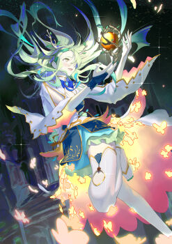 1girl antlers blush breasts ceres_fauna commentary flower foot_out_of_frame gloves green_hair hair_flower hair_ornament highres hololive hololive_english horns long_hair mole mole_under_eye nail_polish single_glove siobell smile solo virtual_youtuber yellow_eyes