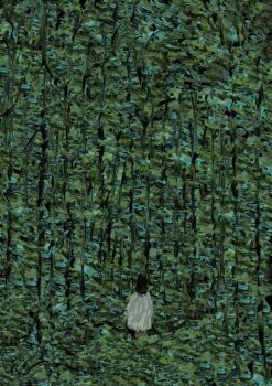 Rule 34 | 1girl, abstract, akino suzume, black hair, commentary request, cowboy shot, forest, from behind, green theme, highres, impressionism, medium hair, nature, original, shirt, solo, white shirt, wide shot