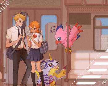 Rule 34 | 1boy, 1girl, absurdres, beak, black necktie, black pants, black socks, blonde hair, blue skirt, cellphone, collared shirt, crisutaa, digimon, digimon (creature), digimon adventure tri., gabumon, highres, holding, holding phone, horns, ishida yamato, necktie, orange hair, pants, phone, piyomon, pleated skirt, school uniform, sharp teeth, shirt, short hair, short sleeves, skirt, socks, takenouchi sora, teeth, white shirt, wings