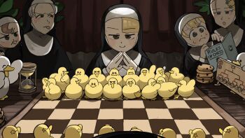 >_< 6+girls :< :o baby_animal bird blonde_hair blue_eyes board_game book brown_eyes brown_hair chess chessboard chick chicken chocolate_chip_cookie closed_eyes clumsy_nun_(diva) commentary cookie crown diva_(hyxpk) duck duckling english_commentary flower food froggy_nun_(diva) gambit grey_hair habit hair_flower hair_ornament hairpin highres hourglass instruction_manual little_nuns_(diva) mole mole_on_cheek mole_under_mouth multiple_girls nervous_smile nose_bubble nun reading shadow slice_of_life smile smug_nun_(diva) spicy_nun_(diva) star_nun_(diva) star_ornament strict_nun_(diva) sweatdrop tongue tongue_out tournament_bracket traditional_nun yellow_eyes