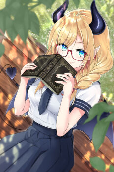 1girl alternate_costume bench black_necktie black_skirt blonde_hair blue_eyes book breasts commentary_request demon_girl demon_horns demon_tail demon_wings glasses highres holding holding_book hololive horns large_breasts medium_hair necktie pleated_skirt pointy_ears semi-rimless_eyewear shirt sitting skirt solo tail under-rim_eyewear virtual_youtuber white_shirt wings yappy_(yapis_company) yuzuki_choco