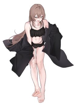 Rule 34 | 1boy, absurdres, bare shoulders, barefoot, bikini, black bikini, brown hair, collarbone, commentary, crossdressing, crossdressing (mtf), crossed bangs, frilled bikini, frills, full body, green eyes, highres, long hair, midriff, open clothes, open mouth, original, solo, swimsuit, trap, white background, zurui ninjin