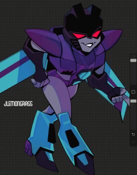 armor black_lips boots colored_skin grey_skin hand_on_own_hip high_heels highres humanoid_robot lemon_(jlemongrass) mechanical_wings panties purple_panties red_eyes robot robot_girl shoulder_armor slipstream_(transformers) thighs transformers transformers_animated underwear wings