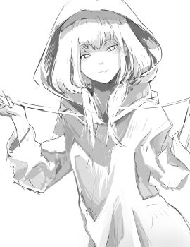 1girl absurdres blunt_bangs check_copyright copyright_request greyscale highres holding holding_string hood hood_up hooded_jacket jacket long_hair long_sleeves looking_at_viewer low_twintails monochrome open_mouth original ranko_no_ane sidelocks sketch smile string twintails upper_body wide_sleeves
