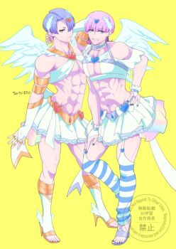 2boys abs angel angel_wings armband artist_name blue_eyes blue_gemstone blue_hair blue_nails boots bow brothers choker commentary cosplay costume_switch crossdressing crossdressing_(mtf) detached_sleeves earrings feathered_wings fingerless_gloves frilled_choker frilled_skirt frills full_body gem gloves grey_choker hair_ornament heart heart-shaped_gem high_heels highres jewelry looking_at_viewer midriff multiple_boys nail_polish navel panty_&amp;_stocking_with_garterbelt panty_(psg) panty_(psg)_(cosplay) pink_hair pleated_skirt polyester_(psg) polyurethane_(psg) puffy_short_sleeves puffy_sleeves red_eyes red_gemstone ring sato1850 short_hair short_sleeves siblings signature simple_background skirt standing stocking_(psg) stocking_(psg)_(cosplay) striped_clothes striped_thighhighs thighhighs toned toned_male watermark white_boots white_bow white_choker white_gloves white_skirt white_wings wings yellow_armband yellow_background