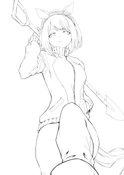 Rule 34 | 1girl, absurdres, animal ears, arm up, breasts, breath, carrying over shoulder, commentary request, commission, ear covers, from below, hairband, hand in pocket, hasukurira, highres, holding, holding shovel, horse ears, horse girl, horse tail, jacket, long sleeves, looking at viewer, looking down, monochrome, open mouth, pants, pixiv commission, pov stomped, short hair, shovel, small breasts, solo, standing, standing on one leg, stepping on frame, tail, tracen training uniform, track jacket, track suit, umamusume, yukino bijin (umamusume)