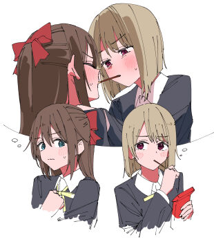 2girls absurdres black_jacket blazer blue_eyes blush brown_hair closed_eyes collared_shirt commentary_request food haruruhaharur highres jacket long_hair love_live! love_live!_nijigasaki_high_school_idol_club multiple_girls nakasu_kasumi neck_ribbon nijigasaki_school_uniform osaka_shizuku pocky pocky_day pocky_kiss red_eyes ribbon school_uniform shared_food shirt short_hair simple_background speech_bubble sweat thought_bubble white_background white_shirt yellow_ribbon yuri