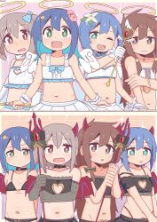 Rule 34 | 2boys, 2girls, ;3, ;d, absurdres, alternate costume, angel, angel and devil, angel wings, aqua eyes, aqua hair, bambi2000line, bare arms, bare shoulders, blue hair, brown eyes, brown hair, cleavage cutout, clothing cutout, collarbone, colored inner hair, commentary, crossdressing, demon costume, elbow gloves, embarrassed, flat chest, flower, fujimi nemu, gloves, green eyes, grey gloves, grey hair, groin, hair between eyes, hair flower, hair ornament, hairclip, halo, heart cutout, highres, holding, holding trident, holding wand, horns, long hair, midriff, multicolored hair, multiple boys, multiple girls, navel, one eye closed, onii-chan wa oshimai!, open mouth, polearm, polka dot, polka dot background, sakurada yuuta, senkawa minato, short hair, simple background, skirt, smile, strap slip, tenkawa nayuta, trap, trident, two-tone hair, wand, wavy mouth, weapon, white gloves, white skirt, wings, wrist cuffs