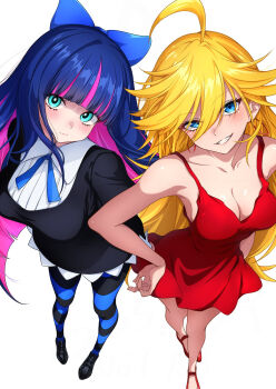 2girls ahoge bare_shoulders black_dress black_shoes blonde_hair blue_bow blue_eyes blue_hair blue_pantyhose blue_ribbon blunt_bangs blush bow breasts cleavage closed_mouth collarbone collared_shirt colored_inner_hair commentary dress earrings from_above full_body grin hair_between_eyes hair_bow hand_on_own_hip highres hoop_earrings jewelry large_breasts long_hair looking_at_viewer medium_breasts multicolored_hair multiple_girls neck_ribbon nishizuki_shino no_socks panty_&amp;_stocking_with_garterbelt panty_(psg) pantyhose pink_hair red_dress red_shoes ribbon shirt shoes short_dress siblings simple_background sisters sleeveless sleeveless_dress smile stocking_(psg) striped_clothes striped_pantyhose swept_bangs two-tone_hair very_long_hair white_background white_shirt
