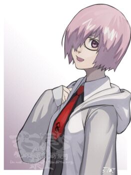 1girl 5tatsu artist_name black_shirt breasts collared_shirt commentary_request fate/grand_order fate_(series) glasses grey_jacket hair_over_one_eye hand_on_own_chest hood hood_down hooded_jacket jacket looking_at_viewer mash_kyrielight medium_breasts necktie open_mouth purple_eyes purple_hair red_necktie shirt short_hair sleeves_past_wrists smile solo