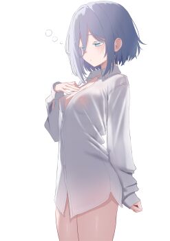 1girl :o absurdres arm_at_side blue_eyes bob_cut breasts bright_pupils collared_shirt colored_eyelashes commentary_request cowboy_shot from_side hand_on_own_chest hand_up highres korean_commentary medium_breasts naked_shirt nipples oldsickkim parted_lips purple_hair see-through_clothes see-through_shirt shirt short_hair simple_background solo standing tsurai_company vanya_(tsurai_company) white_background white_pupils white_shirt