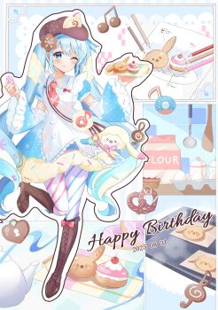 1girl absurdres animal apron aqua_eyes aqua_hair asymmetrical_legwear blue_bow blue_dress blue_eyes blue_hair blue_sleeves blush boots bow bowtie bread brown_boots brown_hat character-themed_food closed_mouth commentary_request dessert detached_sleeves donut dress dress_bow egg food food-themed_clothes food-themed_hat_ornament frilled_apron frills fruit full_body fur-trimmed_dress fur-trimmed_sleeves fur_trim hair_between_eyes hair_ornament happy_birthday hat hat_ornament hatsune_miku highres holding holding_food knee_boots long_hair long_sleeves looking_at_viewer macaron mismatched_legwear necktie official_alternate_costume official_alternate_hairstyle one_eye_closed pantyhose pink_necktie puffy_sleeves rabbit_yukine short_sleeves smile snowflake_print striped_clothes striped_pantyhose teapot tsukimiya_sara twintails two-tone_sleeves very_long_hair vocaloid wavy_hair white_apron yuki_miku yuki_miku_(2026)