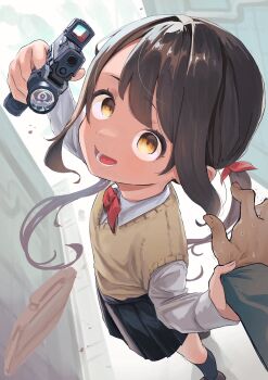 Rule 34 | 1boy, 1girl, aiming, aiming at viewer, bag, black hair, black skirt, bow, bowtie, brown eyes, brown sweater vest, commentary request, foreshortening, from above, from side, gun, handgun, highres, holding, holding another's wrist, holding gun, holding weapon, long hair, long sleeves, looking at viewer, looking to the side, looking up, mocha kichi, open mouth, original, out of frame, parted bangs, pleated skirt, pov, red bow, red bowtie, school bag, school uniform, serafuku, shirt, skirt, standing, sweat, sweater vest, turning head, twintails, weapon, weapon request, white shirt