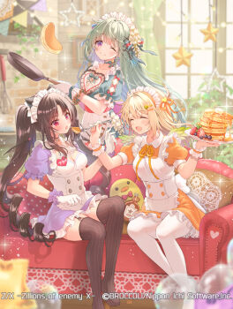 3girls animal_ear_headwear apron arane_(z/x) black_hair black_thighhighs blonde_hair breasts cana_(z/x) cleavage closed_eyes copyright_notice couch dress drill_hair enju_(z/x) fake_animal_ears feathered_wings feeding flipping_food food fork frilled_wristband fruit frying_pan gloves green_dress green_hair green_wings hair_ornament hair_ribbon hairpin heart heart_hair_ornament holding holding_fork holding_frying_pan holding_plate indoors long_hair maid_headdress medium_breasts mini_wings multiple_girls name_tag official_art on_couch one_eye_closed open_mouth orange_dress orange_ribbon pancake pancake_stack pantyhose plate purple_dress ribbed_thighhighs ribbon serino_itsuki sitting smile sparkle strawberry thighhighs twin_drills white_apron white_gloves white_pantyhose window wings z/x