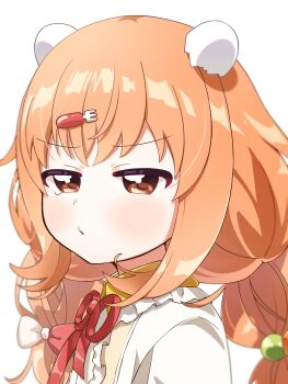 1girl blush braid center_frills collared_dress dress egg_hair_ornament food-themed_hair_ornament fork_hair_ornament frilled_dress frills from_side furrowed_brow hair_ornament hairclip half-closed_eyes highres kaeru_san1227 kirara_tamako kirara_tamako_(1st_costume) long_hair low_twin_braids neck_ribbon nijisanji orange_eyes orange_hair portrait puckered_lips red_ribbon ribbon simple_background solo tearing_up twin_braids v-shaped_eyebrows virtual_youtuber white_background white_dress