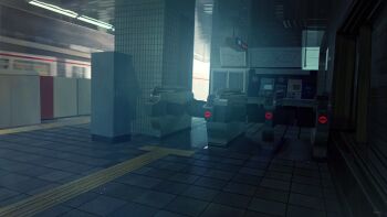 absurdres banishment cabinet ceiling_light day fare_gate highres map original scenery subway subway_map subway_station tile_floor tiles