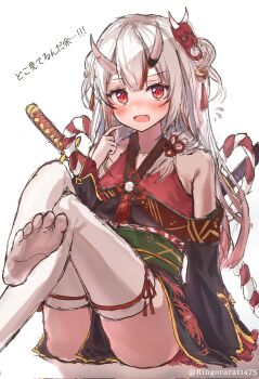 1girl artist_name bare_shoulders bell blush crossed_legs double_bun foot_up frilled_sleeves frills full_body green_sash hair_bell hair_bun hair_ornament highres hololive horns japanese_clothes jingle_bell kimono long_sleeves looking_at_viewer mask mask_on_head medium_hair multicolored_hair nakiri_ayame nakiri_ayame_(1st_costume) nekono_rion obi off_shoulder oni oni_mask open_mouth pointing pointing_at_self red_eyes red_streaks sash simple_background single_sleeve_past_wrist sitting solo streaked_hair thighhighs thighs twitter_username virtual_youtuber weapon weapon_on_back white_background white_hair white_thighhighs wide_sleeves