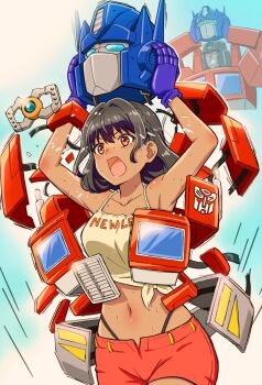 1girl bare_shoulders black_hair blush breasts brown_eyes collarbone dark-skinned_female dark_skin fang gloves highres komagoma kotobukiya_bishoujo matrix_of_leadership medium_breasts navel open_mouth optimus_prime purple_gloves red_shorts shirt shorts starscream starscream_(kotobukiya_bishoujo) sweat tank_top thong transformers transformers:_generation_1 undressing yellow_shirt
