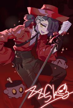 1boy :d black_background black_choker black_gloves black_hair black_pants bow chinese_commentary choker collarbone collared_shirt colored_skin commentary_request cookie_run cookie_run:_kingdom dreadlocks feet_out_of_frame gloves gradient_background grey_skin hair_behind_ear hair_over_one_eye halftone halftone_background hand_on_own_hip hand_up hat high-waist_pants highres holding holding_microphone_stand humanization hunched_over jitome licorice_cookie licorice_cookie_(zz_skull) licorice_servants long_sleeves looking_at_viewer low_ponytail male_focus medium_hair microphone_stand official_alternate_costume official_alternate_hairstyle one_eye_covered open_mouth pants ponytail puffy_long_sleeves puffy_sleeves raised_inner_eyebrows red_background red_bow red_hat red_shirt shime52631 shirt shirt_tucked_in simple_background smile solo sparkle tongue yellow_eyes