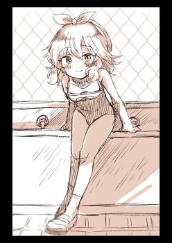 1girl ankle_socks arm_support bare_shoulders bathtub black_border blush border bow breasts cleavage closed_mouth collarbone competition_school_swimsuit dot_nose faucet full_body hair_between_eyes hair_bow hairband highres idolmaster idolmaster_cinderella_girls indoors leaning_forward looking_at_viewer monochrome name_tag one-piece_swimsuit remiri_nicoeli sakurai_momoka school_swimsuit sepia shoes short_hair sidelocks small_breasts smile socks solo spot_color swept_bangs swimsuit thighs uwabaki