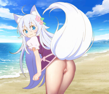 1girl ahoge animal_ears artist_request beach bent_over blue_eyes bottomless cheat_kusushi_no_slow_life cleft_of_venus cloud female_focus flower hair_between_eyes hair_flower hair_ornament highres loli long_hair looking_at_viewer looking_back naked_shirt noela_(cheat_kusushi_no_slow_life) noera outdoors porn pussy sand shirt smile solo tail very_long_hair water white_hair wolf_ears wolf_girl wolf_tail