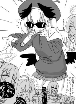 6+girls ^_^ ahoge azusa_(blue_archive) beret blue_archive blush cellphone closed_eyes commentary_request drooling flying_sweatdrops greyscale hair_between_eyes halo hanako_(blue_archive) hasumi_(blue_archive) hat head_wings hifumi_(blue_archive) highres holding holding_microphone holding_phone justice_task_force_member_(blue_archive) koharu_(blue_archive) long_hair_between_eyes looking_at_another make-up_work_club_(blue_archive) metronome microphone mika_(blue_archive) monochrome multiple_girls nishino_hikoji phone rapping school_uniform sunglasses sweat tears translation_request twintails wings