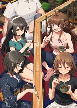 Rule 34 | 1boy, 4girls, admiral (kancolle), ahoge, alternate costume, black hair, brown hair, character request, check character, closed eyes, food, glasses, hairband, haruna (kancolle), hiei (kancolle), highres, holding, ichikawa feesu, japanese clothes, kimono, kirishima (kancolle), kongou (kancolle), long hair, multiple girls, shirt, short hair, white hairband