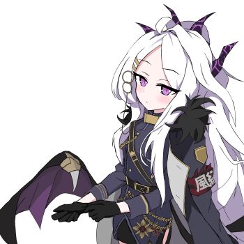 1girl ahoge belt black_belt black_coat black_gloves blue_archive breasts coat coat_on_shoulders commentary_request demon_girl demon_horns demon_wings entitydanyo gloves highres hina_(blue_archive) horns long_hair looking_at_viewer low_wings purple_eyes simple_background small_breasts solo very_long_hair white_background white_hair wings