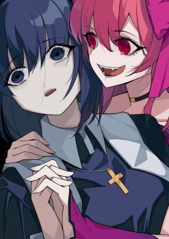 Rule 34 | 2girls, :d, blue eyes, blue hair, bow, choker, ciel (tsukihime), cross, cross necklace, dead apostle noel (tsukihime), empty eyes, fangs, hair between eyes, hand on another's shoulder, highres, holding hands, interlocked fingers, jewelry, licking lips, multiple girls, necklace, noel (tsukihime), nun, open mouth, pink bow, pink hair, red eyes, smile, surprised, tierra misu, tongue, tongue out, tsukihime, tsukihime (remake), tunic, upper body, vampire, wing collar