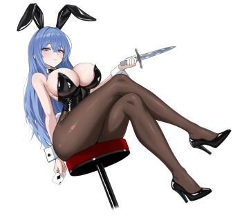 1girl animal_ear_hairband animal_ears black_bow black_bowtie black_leotard black_shoes blue_eyes blue_hair bow bowtie breasts card commentary commission crossed_legs detached_collar english_commentary evil_rat fake_animal_ears fukuchi_reimi_(lmasayoshi) hairband high_heels highres holding holding_card holding_knife knife large_breasts leotard long_hair original pantyhose playboy_bunny playing_card rabbit_ear_hairband rabbit_ears shoes sitting solo white_wrist_cuffs wrist_cuffs