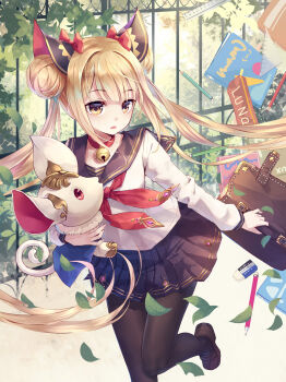 1girl black_legwear black_skirt blonde_hair blush breasts commentary_request double_bun female_focus hair_bun hair_ornament highres holding long_hair long_sleeves looking_at_viewer luna_(shadowverse) neckerchief pleated_skirt school_uniform serafuku shadowverse skirt small_breasts solo twintails very_long_hair wait yellow_eyes