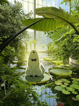 absurdres black_bow black_bowtie bond_(spy_x_family) bow bowtie commentary_request dog endou_tatsuya greenhouse highres lily_pad no_humans photo_background pond spy_x_family